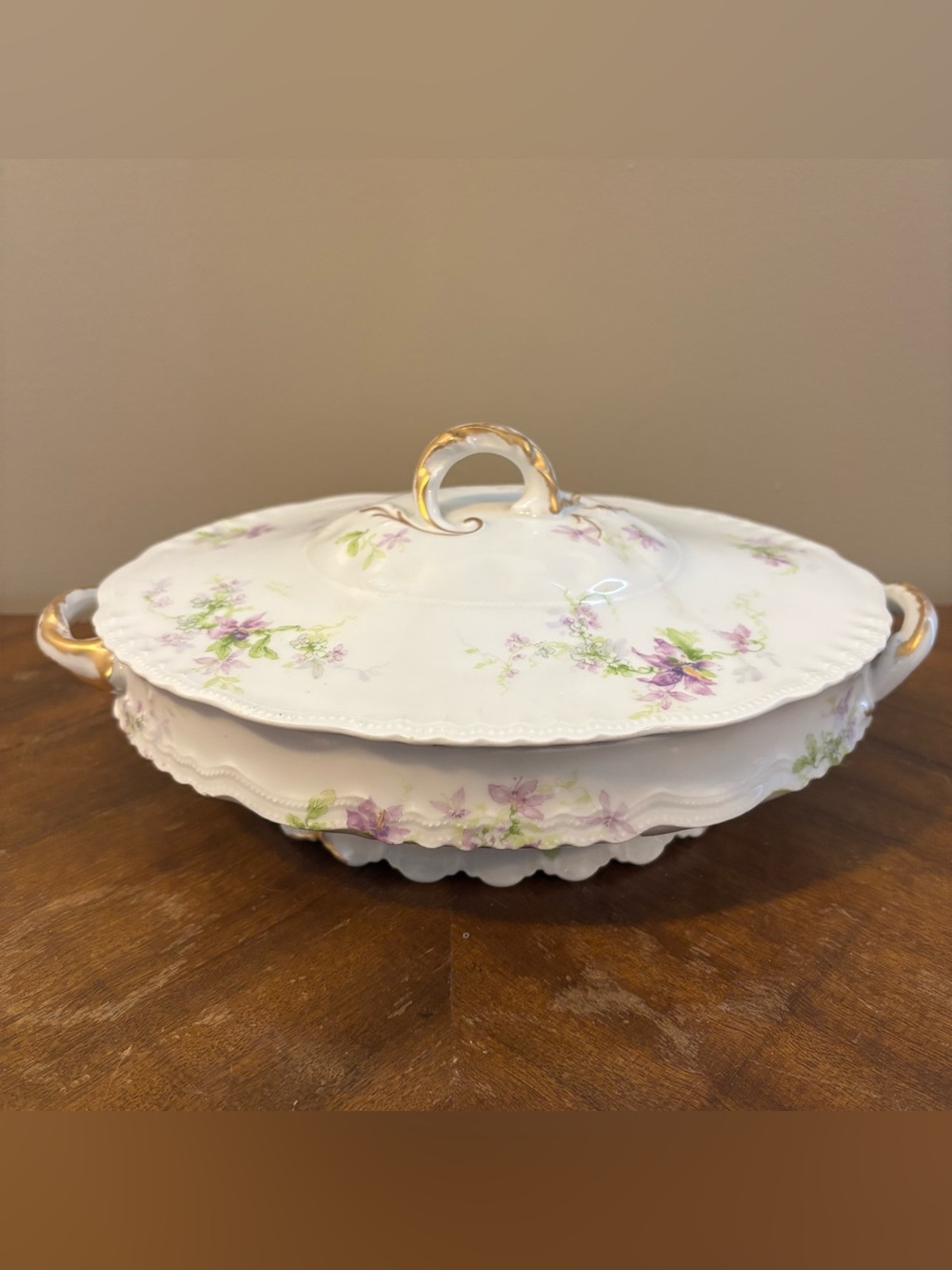 Theodore Haviland Purple Floral Oval Porcelain Tureen with Lid Handles